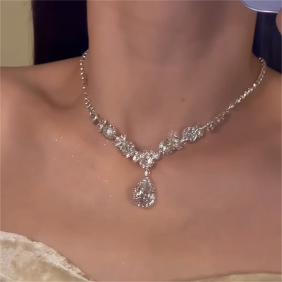 满钻爆闪水滴流苏耳钉项链锁骨链