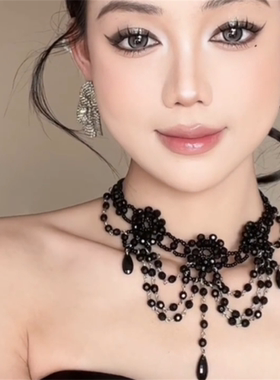 黑色串珠流苏项链女暗黑复古夸张