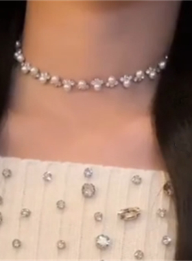 闪钻小珍珠项链锁骨链女