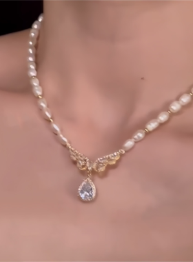 珍珠串珠蝴蝶锆石项链女