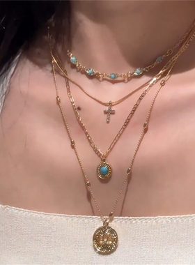 多层镂空莲花十字架流苏项链