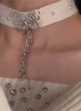 白色毛绒蝴蝶流苏项链女