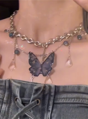 蓝色蝴蝶流苏项链女朋克锁骨链