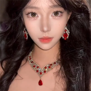 zoozmomo时髦红色夸张项链耳环套装女奢华水晶锆石宴会礼服锁骨链