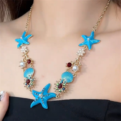 蓝色海星贝壳项链女款