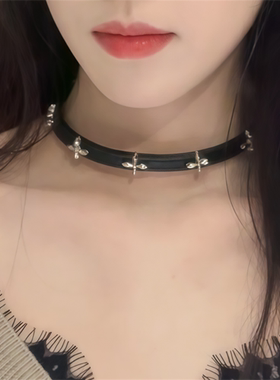 哥特风朋克皮质choker十字架