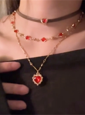 红色多层叠戴项链女甜酷辣妹风