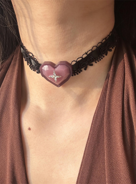 辣妹风项链黑缎带蕾丝爱心蝴蝶结