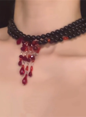 黑色串珠水滴流苏choker项链