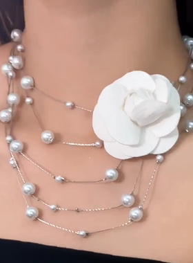 长款珍珠玫瑰花项链女