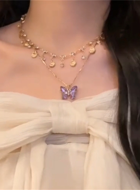 紫色蝴蝶流苏项链女款