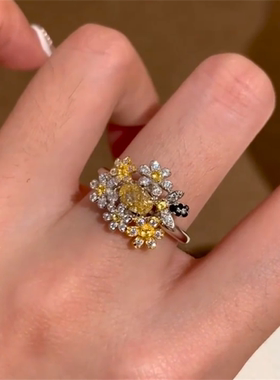 爆闪小黄钻繁花银色戒指女