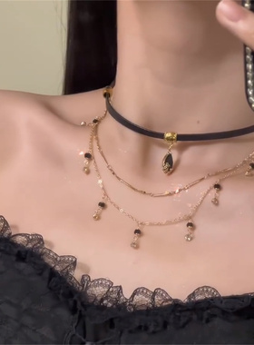 黑色水滴流苏项链甜酷辣妹风