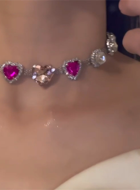 张元英同款闪钻粉色爱心锆石项链