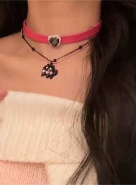 粉黑双层叠戴爱心猫咪项链