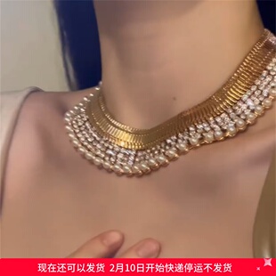zoozmomo欧美夸张重工金色闪钻珍珠choker项链女奢华高级感锁骨链
