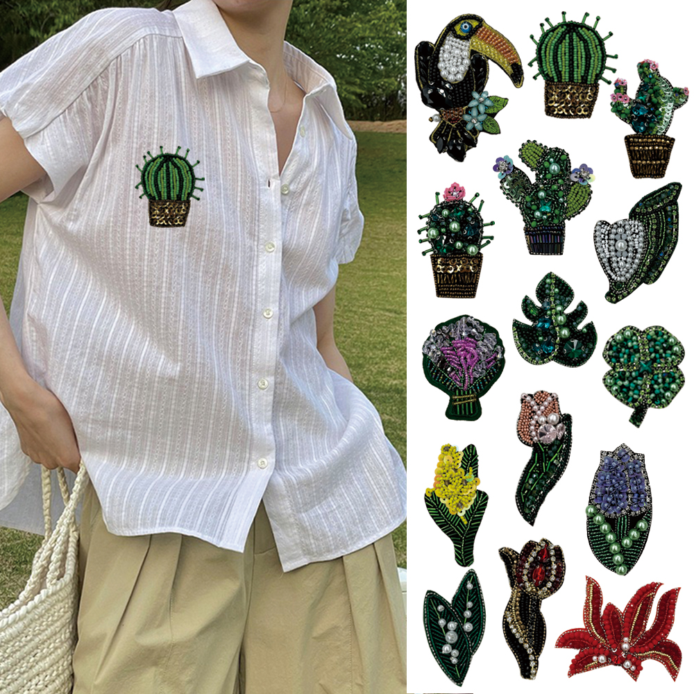 时尚手工服饰布贴钉珠仙人掌刺绣