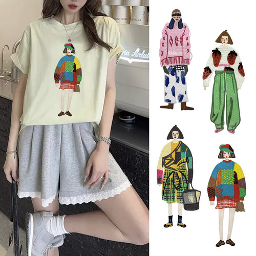 时髦卡通人物女孩衣服刺绣布贴