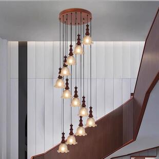 楼梯吊灯中古简约吊灯新款长线间吊灯挑空中式木艺复式楼楼梯风格