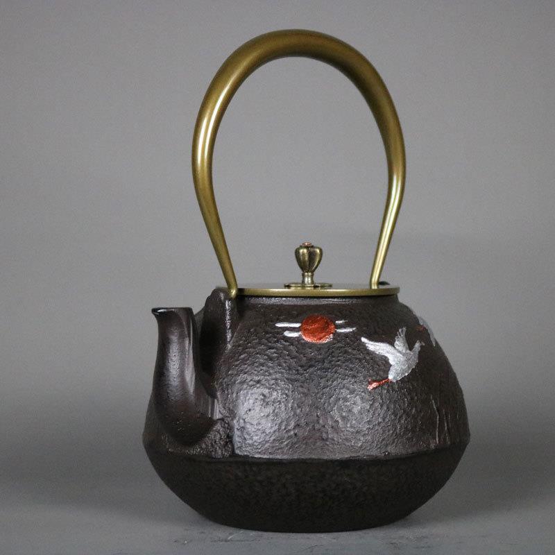 铁壶柿雁1200毫升无涂层日式烧水壶铸铁壶手绘铜盖铜把煮茶烧水