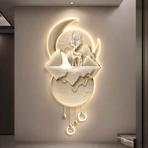 发财鹿进门玄关装饰画过道走廊入户正对门轻奢玄幻灯画客厅发光画