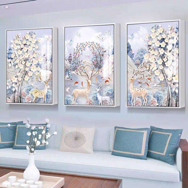 5d钻石画2025新款发财树麋鹿三联画十字绣简约现代点贴钻水晶2025