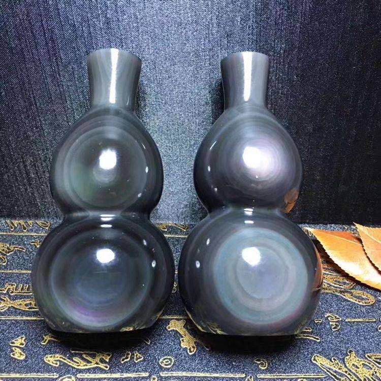 天然彩虹眼黑曜石葫芦摆件福禄家居装饰吉祥物工艺品