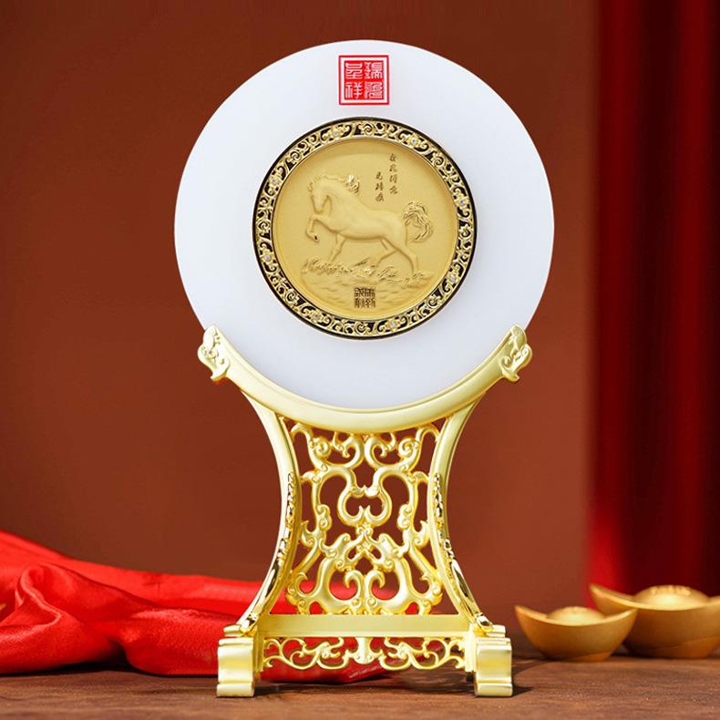 绒沙金琉璃金马摆件生肖马工艺品奖盘马年保险公司年会送礼吉祥物