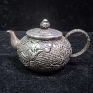 仿古做旧复古纯铜镀银茶壶铜摆件工艺品文创市集套装收藏摆件