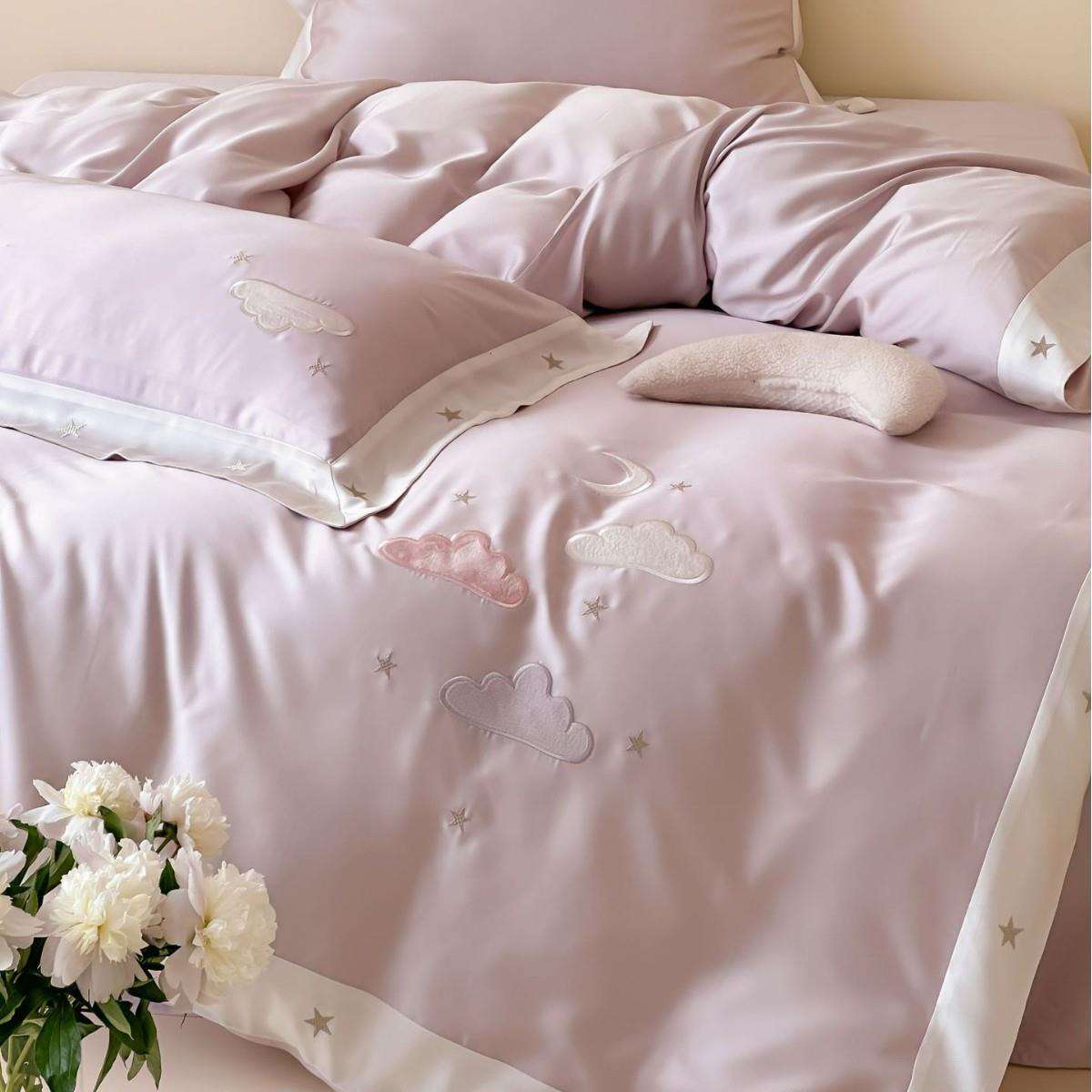 春夏凉感兰精天丝四件套少女心云朵刺绣丝滑裸睡被套1.8m床上用品