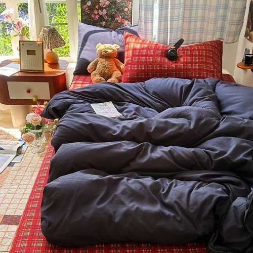 简约风藏蓝纯色花卉拼色床单床笠四件套床罩被套宿舍三件套纤维