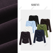 法式 内搭洋气女上衣 打底衫 荡领设计感L一字肩长袖 t恤女秋斜肩修身