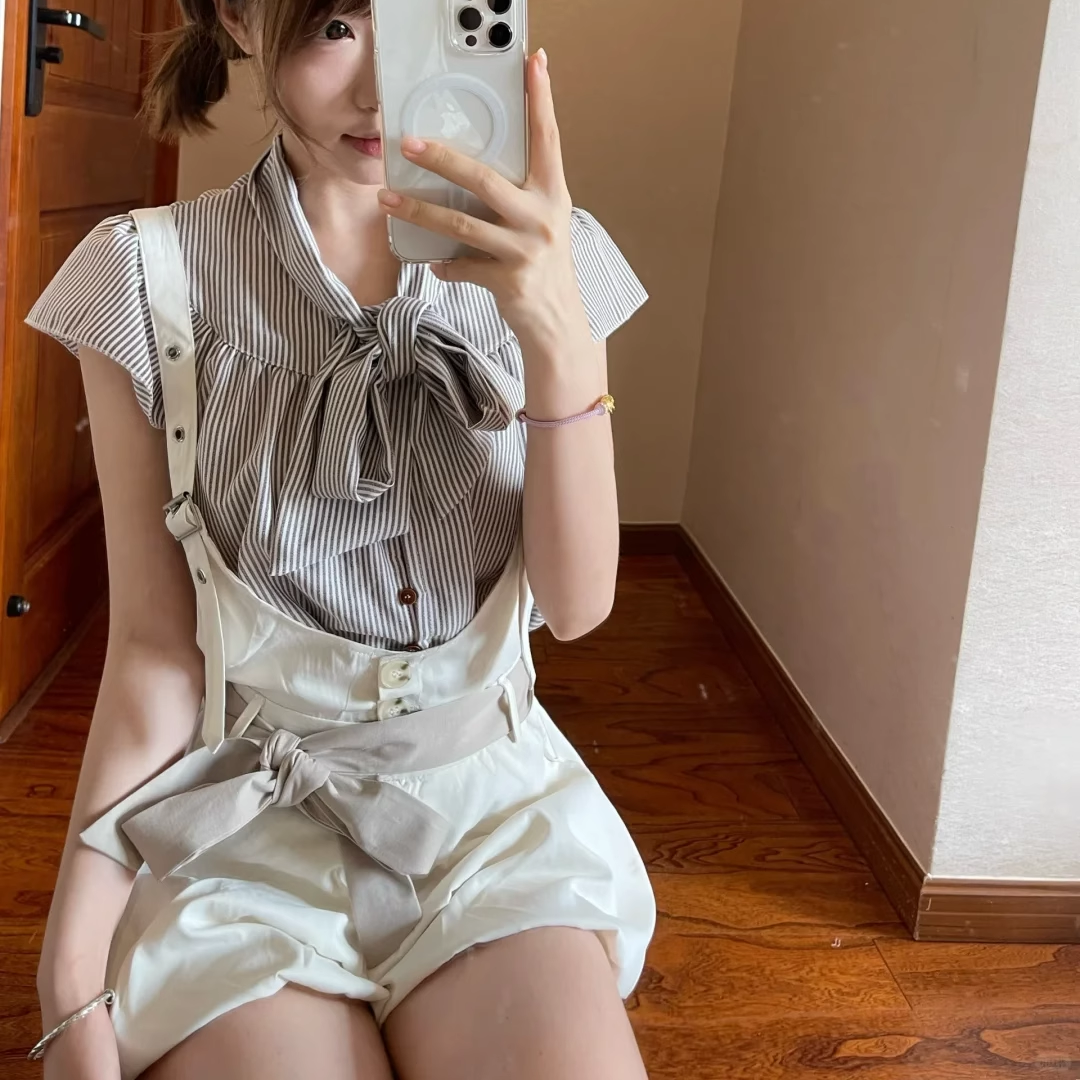 2025夏季新款日系学院风条纹蝴蝶结衬衫上衣背带花苞短裤两件套女