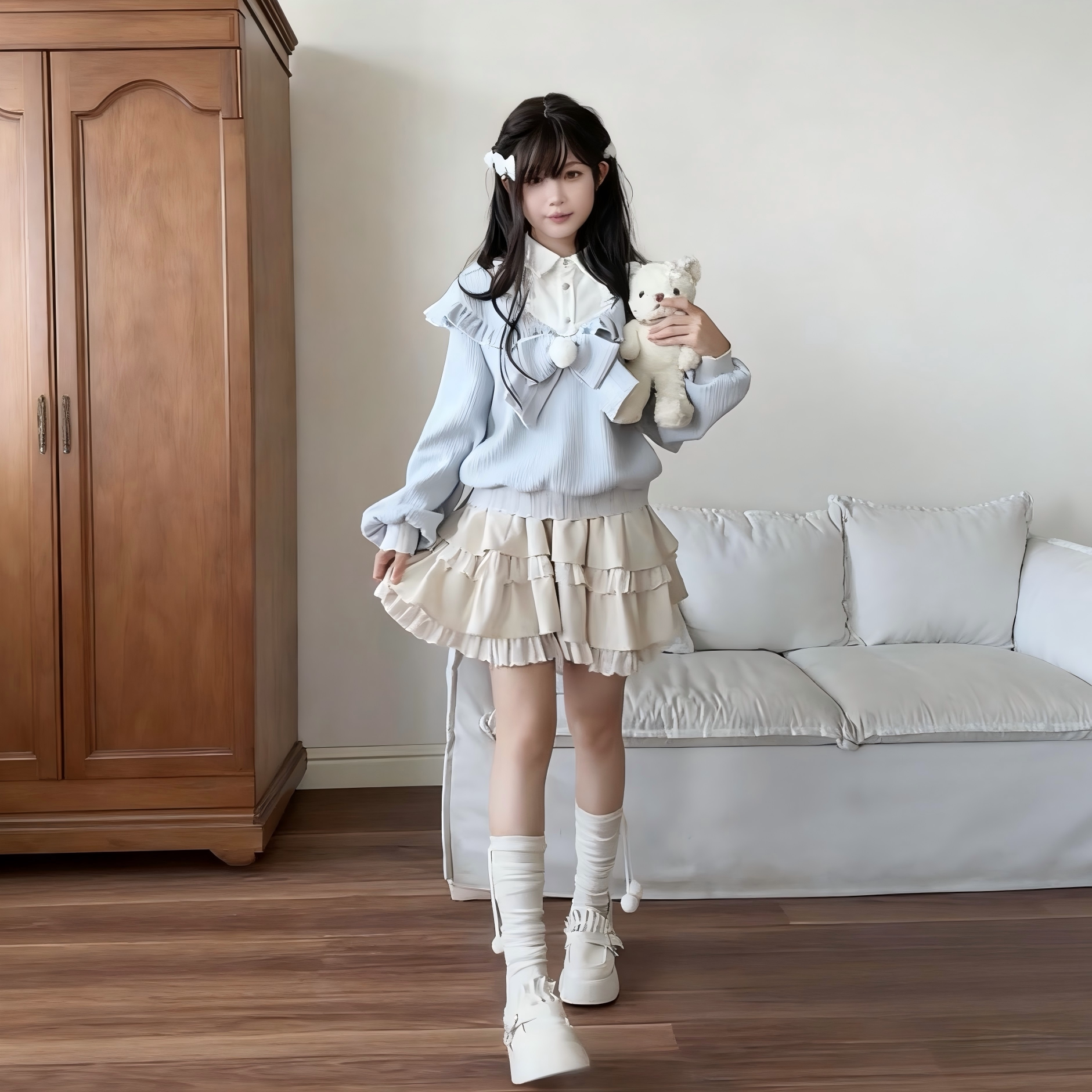 学院风甜美可爱套装裙女秋季新款蝴蝶结露肩毛衣+蛋糕短裙两件套