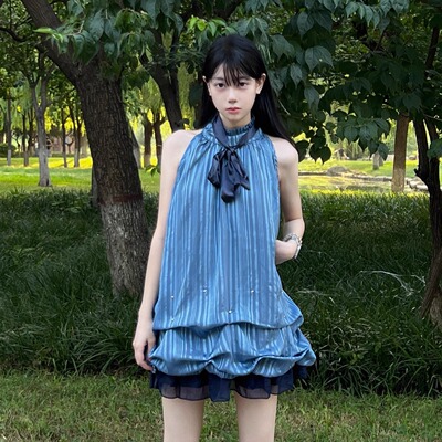 2025夏季古着甜美宽松蓝色连衣裙