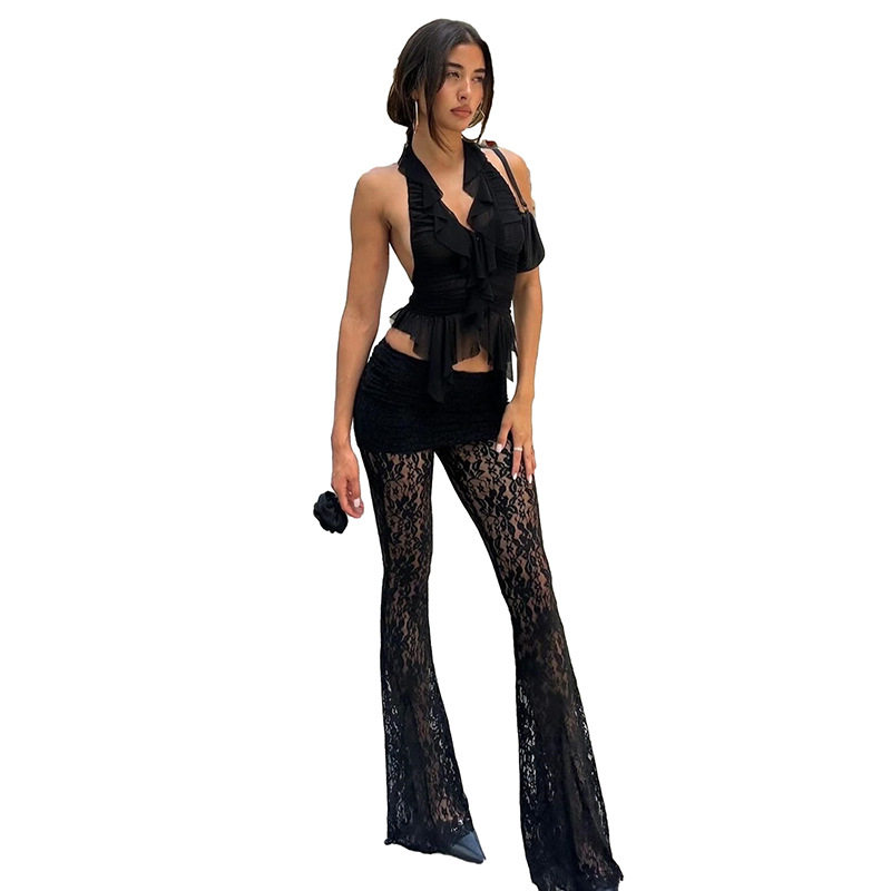 Low waisted lace patchwork micro flared pants 低腰蕾丝微喇裤