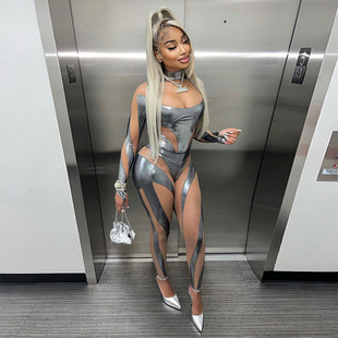 One Splice Piece Set 女 Perspective 透视网纱拼接连体套装 Mesh