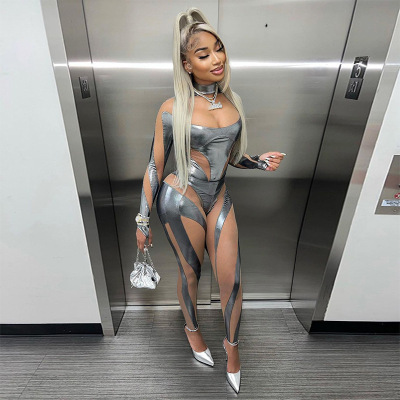 网纱拼接连体套装网纱拼接套装