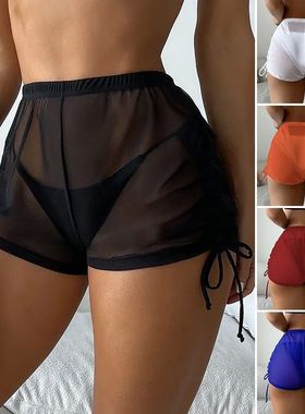 Solid color mesh sand drawstring shorts 女士纯色网沙抽绳短裤