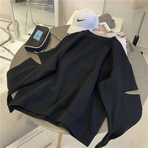 拼接破洞香芋紫袖子上衣