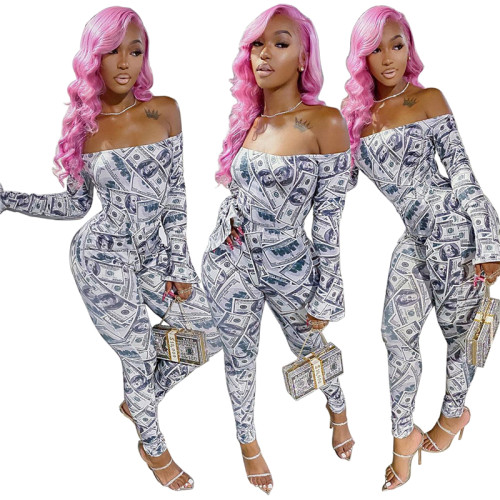 Printed Off Shoulder Casual Jumpsuit女士印花一字肩休闲连体裤
