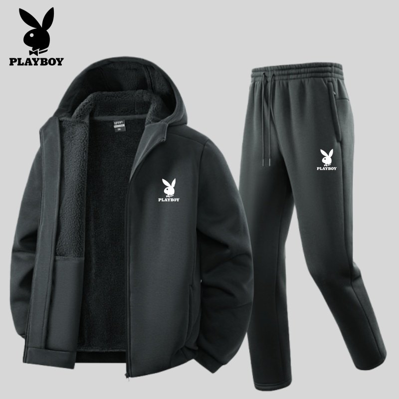 花花公子新款秋冬纯棉爸爸卫衣运动套装男中年连帽加绒加厚休闲