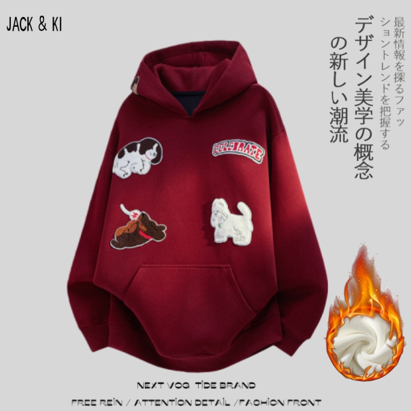 JACK&KI 红色圣诞连帽卫衣男潮重磅刺绣设计外套跨年氛围感套头衫