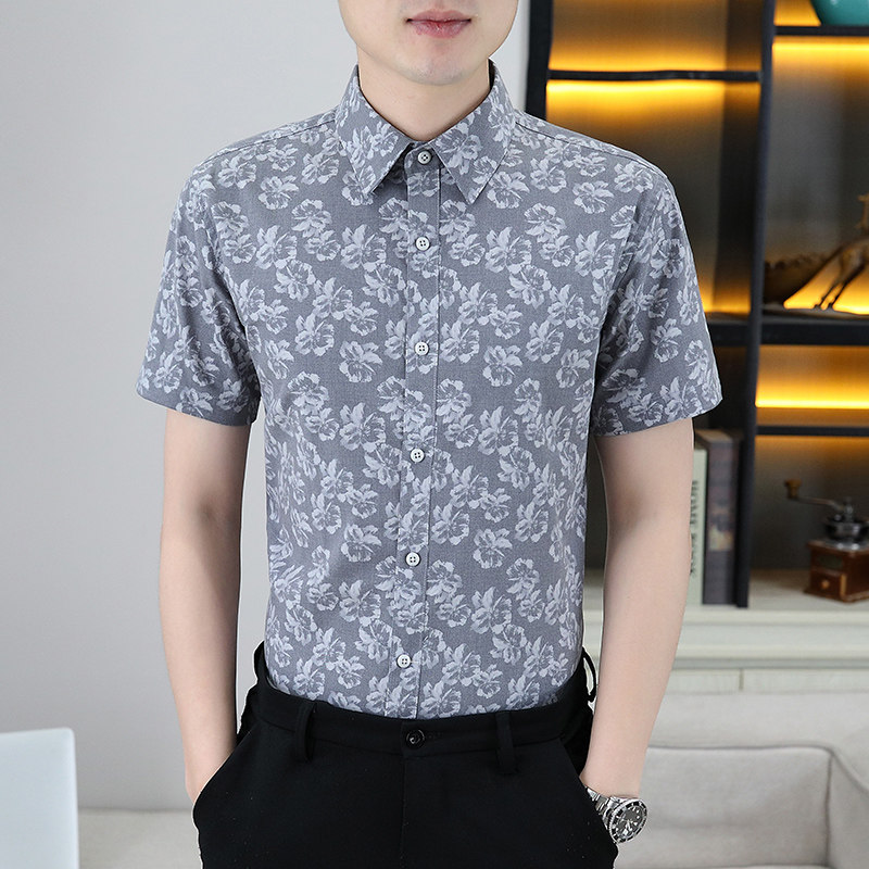 高档男士衬衫中青年夏季韩版修身潮流时尚百搭休闲个性花纹衬衣男