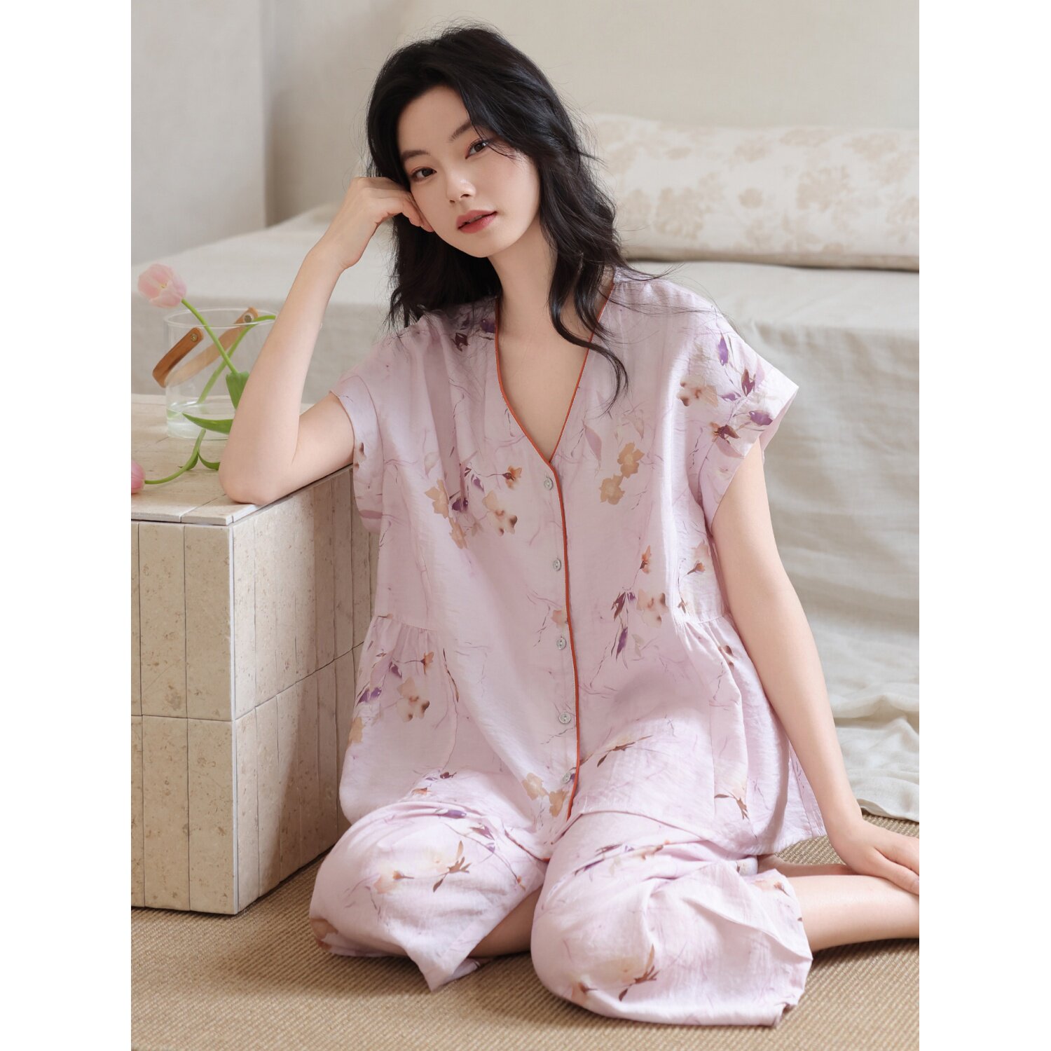 维多利亚带胸垫睡衣女夏季天丝莱赛尔短袖七分裤薄款高级感家居服