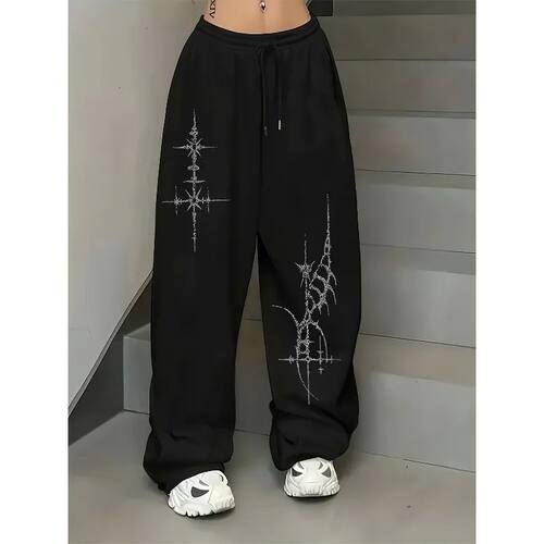 高街印花嘻哈阔腿裤 High-street printed wide-leg casual pants