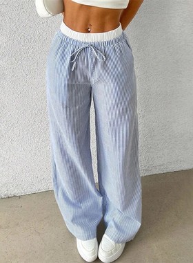 Leisure striped tie wide leg pants      休闲条纹系带阔腿长裤