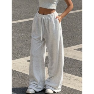 pants leg for women 女 Casual 休闲宽松抽绳运动纯色阔腿裤 wide