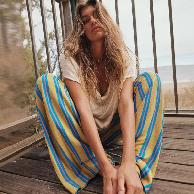 High waist striped casual straight pants高腰条纹休闲直筒长裤