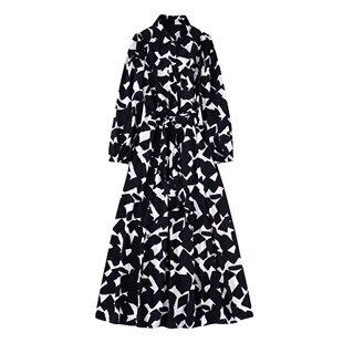 long waist sleeve dress 连衣裙女 lapel 翻领印花收腰长袖 print